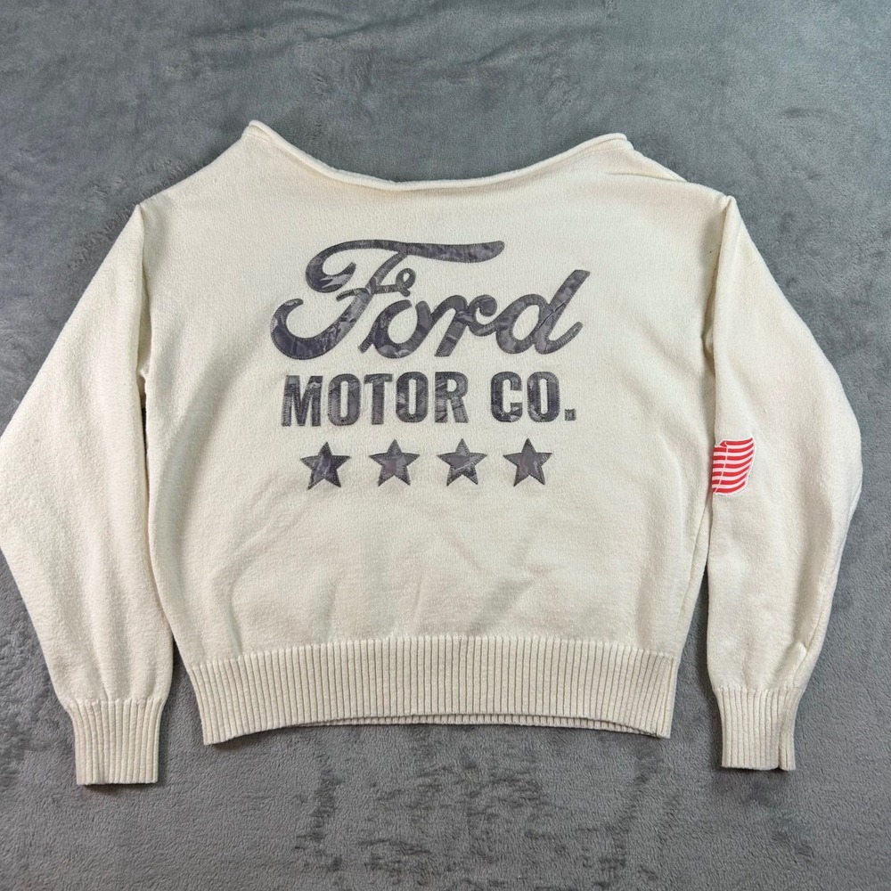 Ford Motor Co Off White Knit Sweater American Flag Patch XXS Hybrid Apparel
